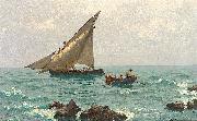Julius Ludwig Friedrich Runge Morgenstimmung an der Adria mit Fischerbooten und Langustenfischern. Im Vordergrund felsige Kuste. oil on canvas